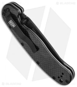 Ontario RAT Model 1 Liner Lock Knife G-10/Carbon Fiber (3.7" D2 Black Serr) -Elite Folds Ontario RAT I G 10 Carbon Fiber Black Serr ON8885CF BHQ 49929 jr side