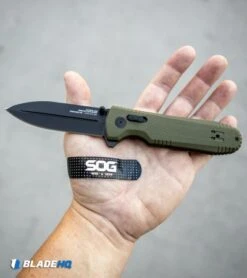 SOG Pentagon XR Lock Knife OD Green G-10 (3.5" Black) -Elite Folds SOG Bandaid Pack SOG Bandaids FREE BHQ 12947 kp in hand web