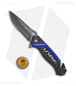 Smith & Wesson Rescue Liner Lock Knife Black/Blue (3.5" Black Serr) SW608BLS 7 Smith & Wesson Rescue Liner Lock Knife Black/Blue (3.5" Black Serr) SW608BLS -Elite Folds Smith Wesson LL Rescue Black Blue Black Serr SW608BLS BHQ 67527 jr bottlecap