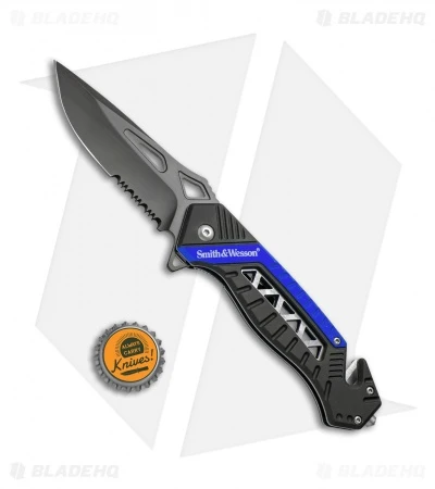 Smith & Wesson Rescue Liner Lock Knife Black/Blue (3.5" Black Serr) SW608BLS 4 Smith & Wesson Rescue Liner Lock Knife Black/Blue (3.5" Black Serr) SW608BLS - Image 4