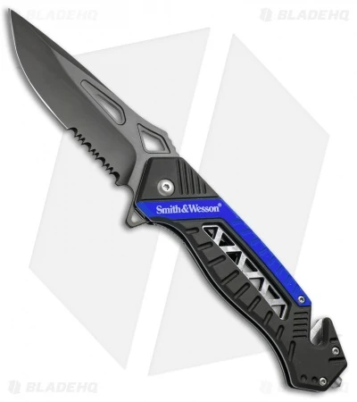Smith & Wesson Rescue Liner Lock Knife Black/Blue (3.5" Black Serr) SW608BLS 1 Smith & Wesson Rescue Liner Lock Knife Black/Blue (3.5" Black Serr) SW608BLS